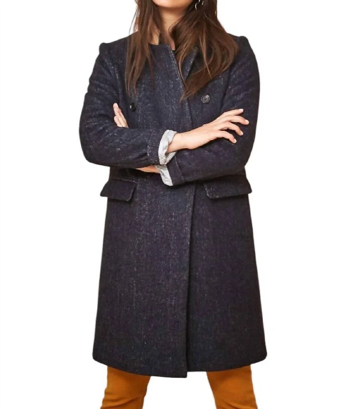 Blair Double Breasted Twill Mid Length Pea Coat In Blue Unique Women's Upcycled