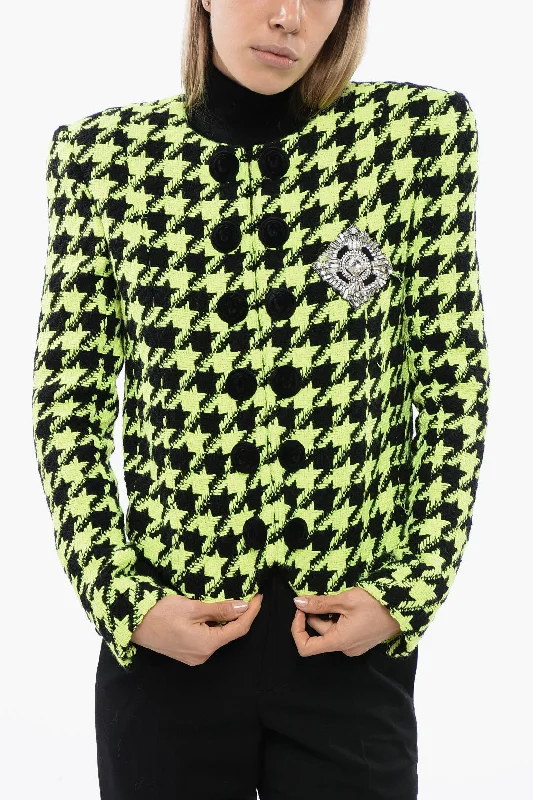 Balmain Neon Houndstooth Tweed Jacket With Velvet Buttons Geometric