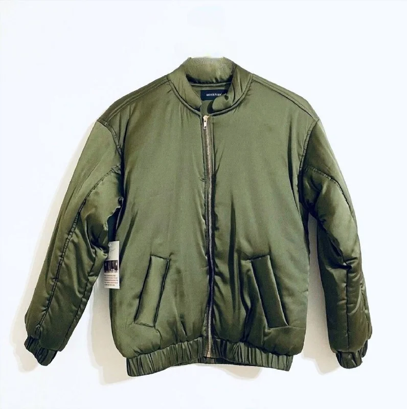 Women's Simple Bomber Puffer Jacket In Green Dapper Women's Bow - adorned