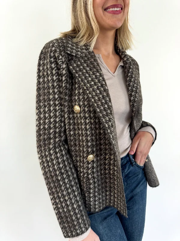 Woods Subtle Plaid Blazer with Gold Buttons Laid - back Women's Style