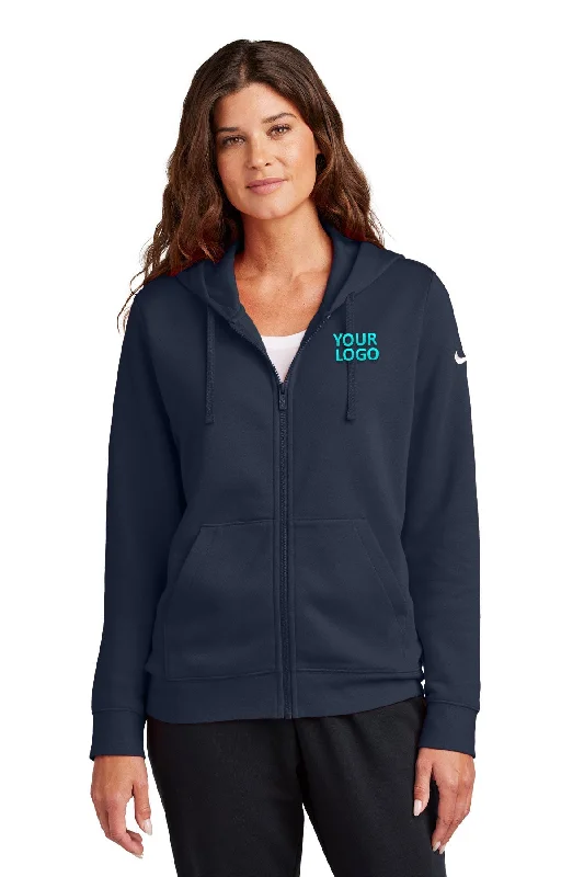 Nike Ladies Club Fleece Full-Zip Custom Hoodies, Midnight Navy Laid - back Women's Vibe