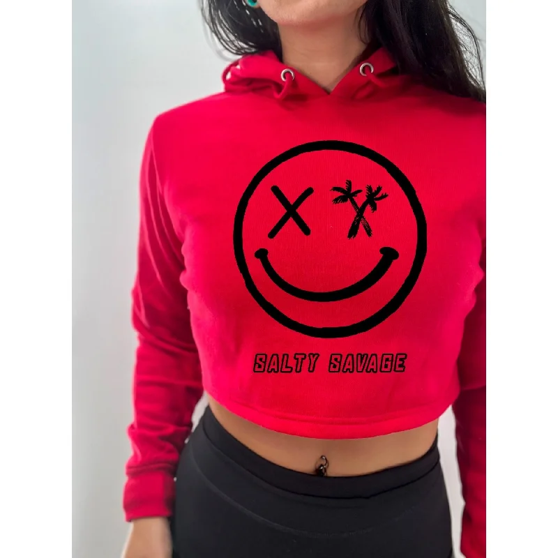 Salty Savage Ladies "Digital Spliced Smile" Cropped Hoodie Laid - back Women's Style Salty Savage Ladies "Digital Spliced Smile" Cropped Hoodie Laid - back Women's Style