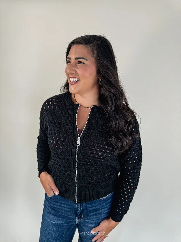 Grace Open Weave Black Zipper Cardigan Disco