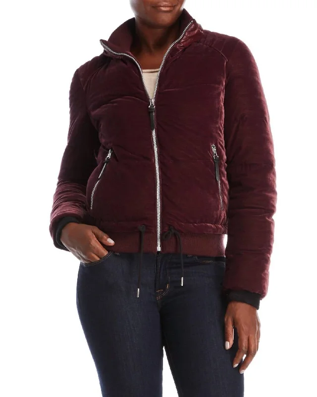 Quilted Velvet Bomber Puffer Jacket In Red Laid - back Women's Style