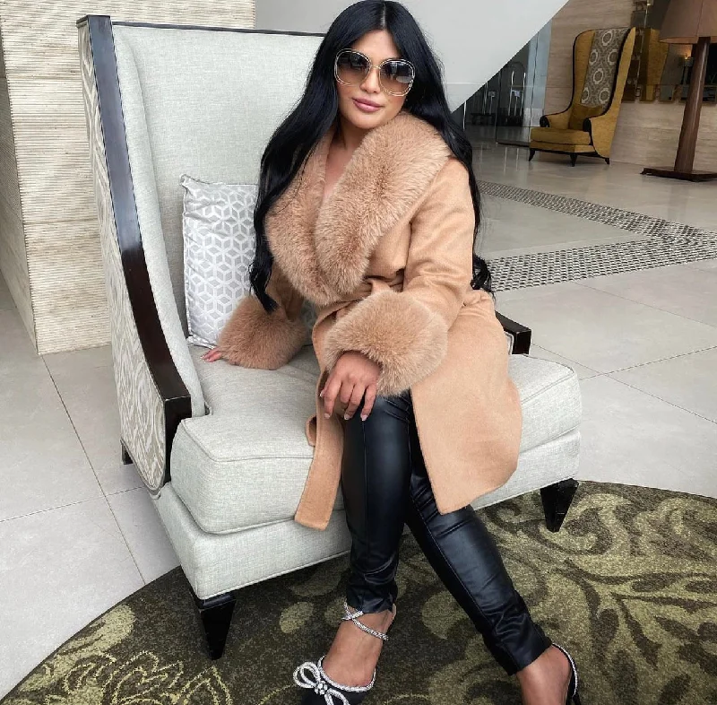 Camel Cashmere Faux Fur Coat Sleek Women's 