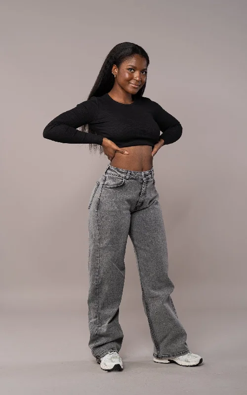 Womens Baggy Fitjeans - Heavy Washed Grey Cozy Women's Sherpa - lined