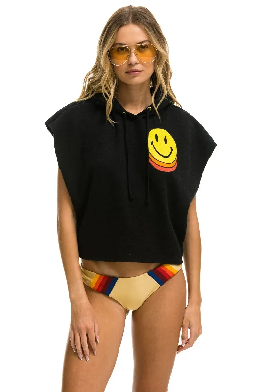 SMILEY SUNSET SLEEVELESS RELAXED CROPPED PULLOVER HOODIE - BLACK Cool Women's Skate