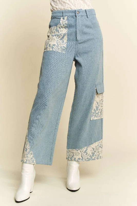 Davi & Dani Lace Applique Wide Leg Jeans European