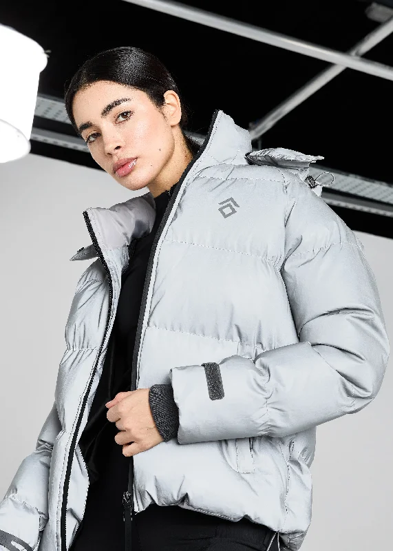Silver Reflective Puffer Coat Cashmere