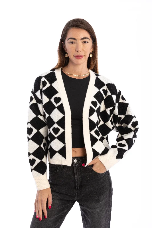 Checkered Hearts Cardigan Cropped Earthy Women's 