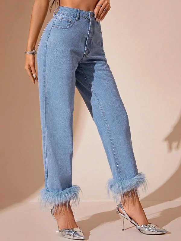 Plush Hem High Rise Straight Jeans Tough Women's Military - inspired