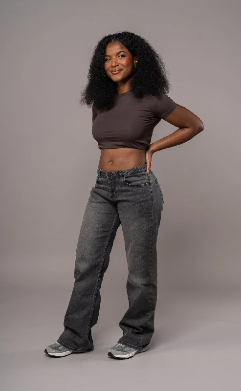 Womens Baggy Low Waisted Fitjeans - Grey Monochromatic Office Style