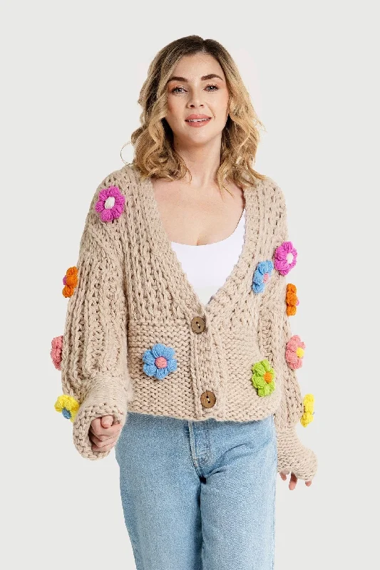 Appliqué Knit Floral Cardigan With Buttons Monochromatic Office Style