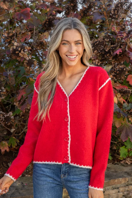 Aeryn Contrast Stitch Edges Cardigan, Red Practical Women's Multi - 
