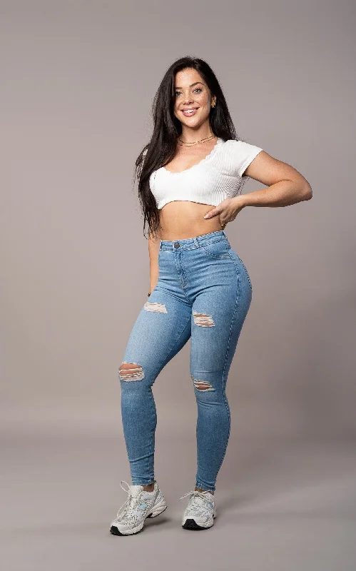Womens Regular V2 4 Hole Ripped High Waisted Fitjeans - Arctic Light Blue Compression Womens Regular V2 4 Hole Ripped High Waisted Fitjeans - Arctic Light Blue Compression