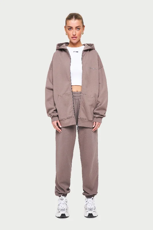 EVERYDAY WASHED RELAXED ZIP THROUGH HOODIE - WASHED BROWN Streetwear Style for 