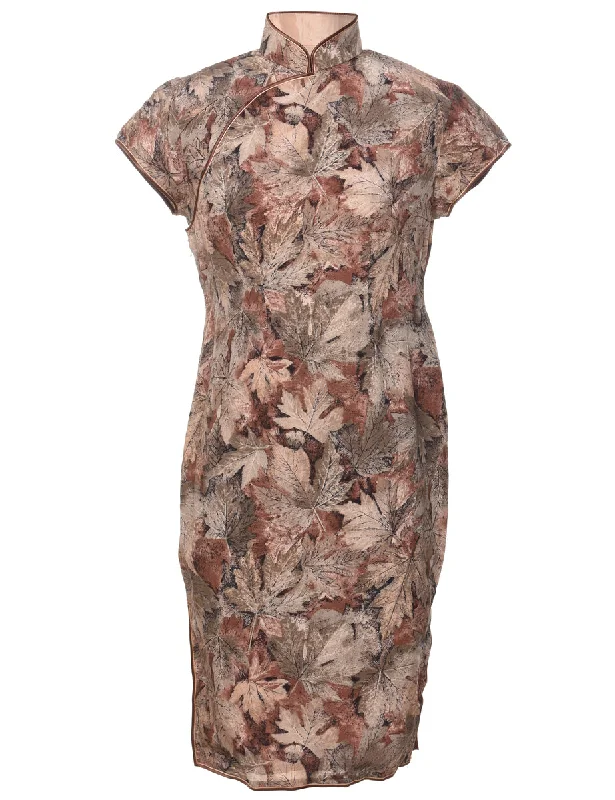 Leafy Print Black & Brown 1960s Cheongsam Colllar Metal Zipper Dress - S Bold Women's Animal Print