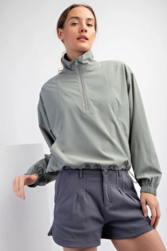 HEAVY POLY STRETCH WOVEN QUARTER ZIP TOP WITH COLLAR GREEN Stylish Women's Neon