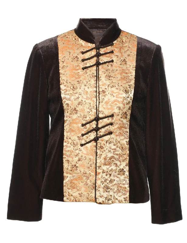 Velour Beige & Brown Contrast Brocade Evening Jacket - M Laid - back Women's Style
