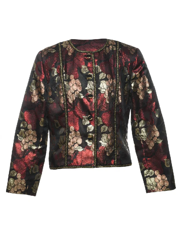 Floral Pattern Maroon & Silver Metallic Evening Jacket - M Vacation