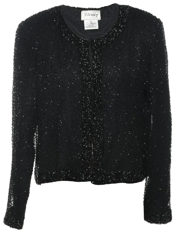 Beaded 100% Silk Black Evening Jacket - L Relaxed Women's 