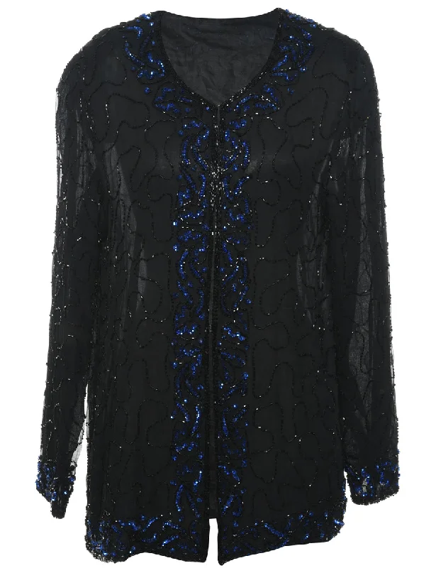 Beaded Black & Blue Evening Jacket - M Casual Women's Japanese 