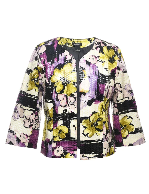 Floral Pattern Purple & Yellow Sparkly Evening Jacket - L Feminine Women's Soft 