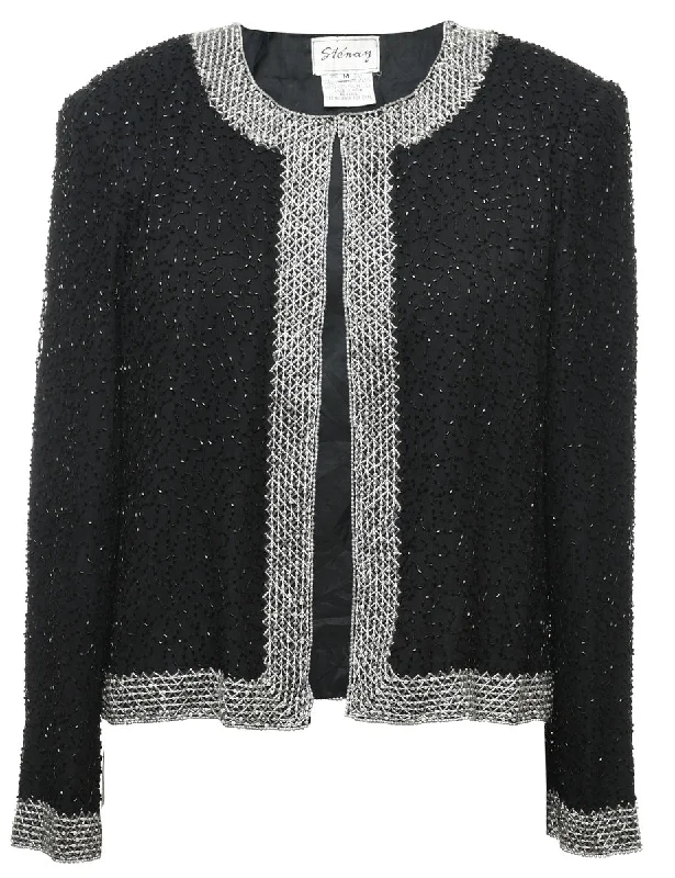 Black & Silver Beaded Silk Evening Jacket - M Athletic Women's 