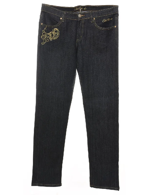 Black Embroidered Y2K Style Jeans - W34 L30 Cashmere