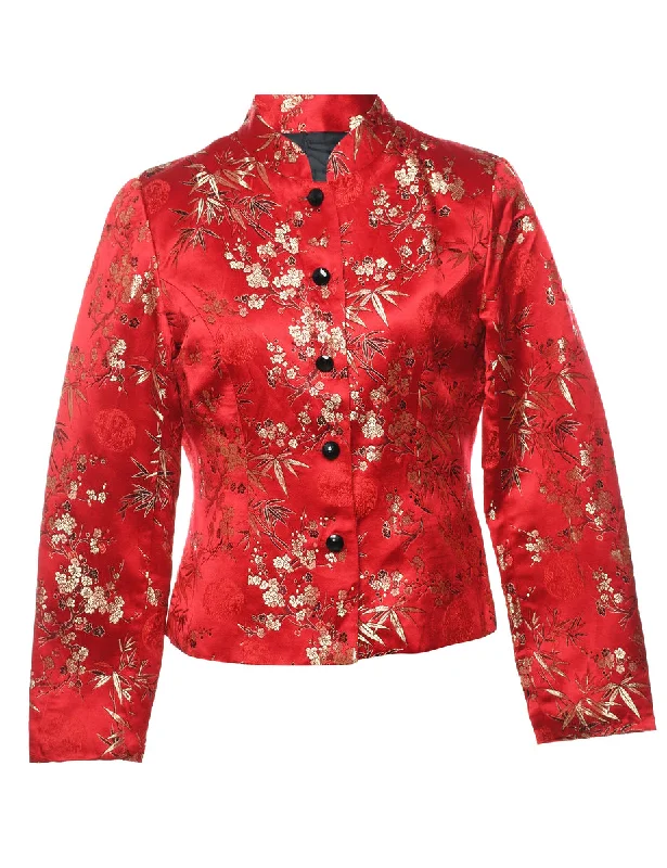 Jacquard Red Floral Metallic Evening Jacket - M Traditional Women's 