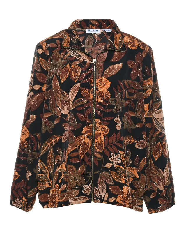 Floral Pattern Black & Orange Jacket - M Casual Women's Japanese 