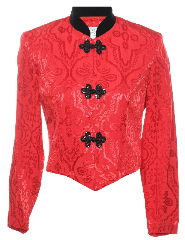 Jacquard Design Red & Black Contrast Collar Evening Jacket - S Artistic Women's Avant - 