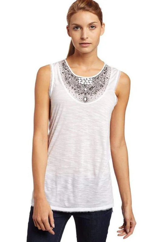 White Neck-embellished  Top Cool Women's Distressed