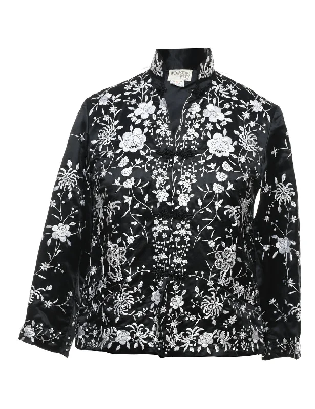 Embroidered Black & Silver Floral Evening Jacket - M Practical Women's Quick - dry