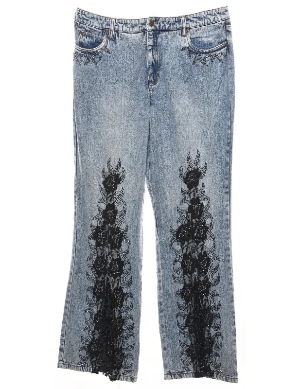 Light Wash Beaded Y2K Patterned Jeans - W36 L30 Modern Women's 