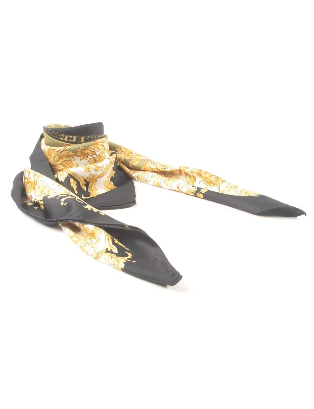 Black, Olive Green & White Floral Head Scarf - M Hip Women's Retro