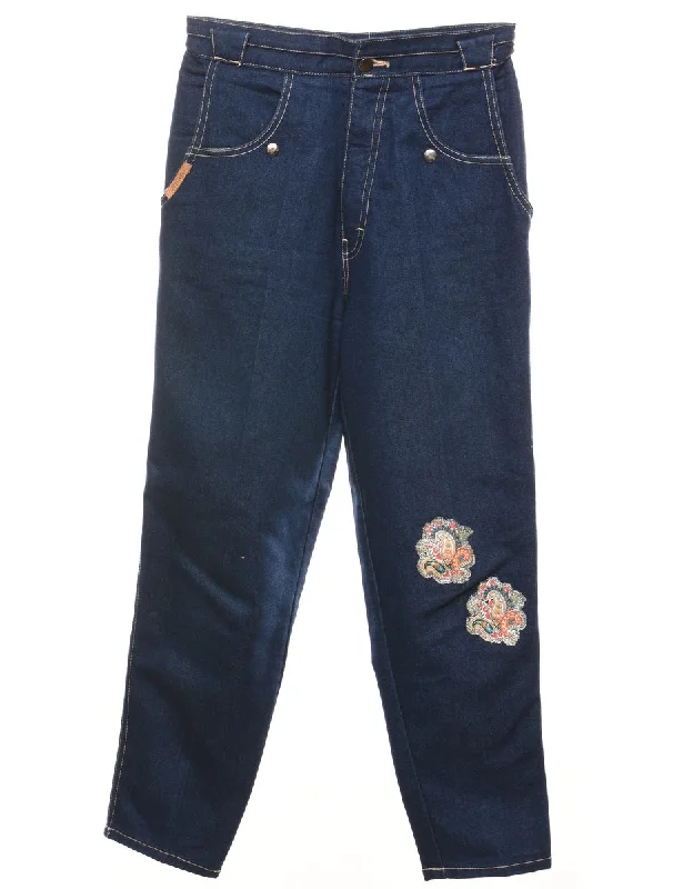 Medium Wash Paisley Design Tapered Jeans - W28 L25 Athletic Women's High - 