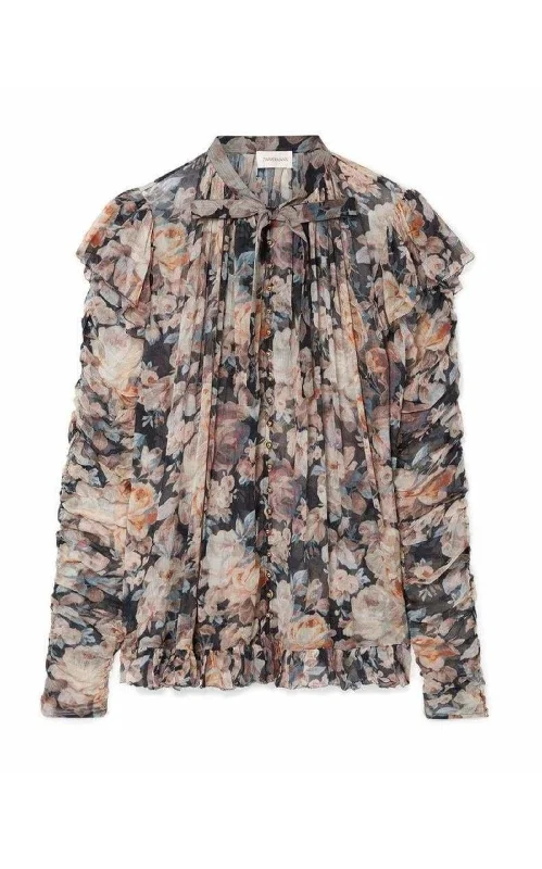 Tempest Frolic Ruffled Floral Print Silk Blouse garde