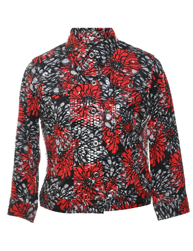 Floral Pattern Red & Black Sparkly Evening Jacket - S Sleek Women's Metallic