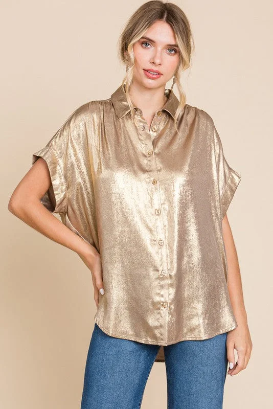 Metallic Collared Button Up Top Nude Tough Women's Military - inspired