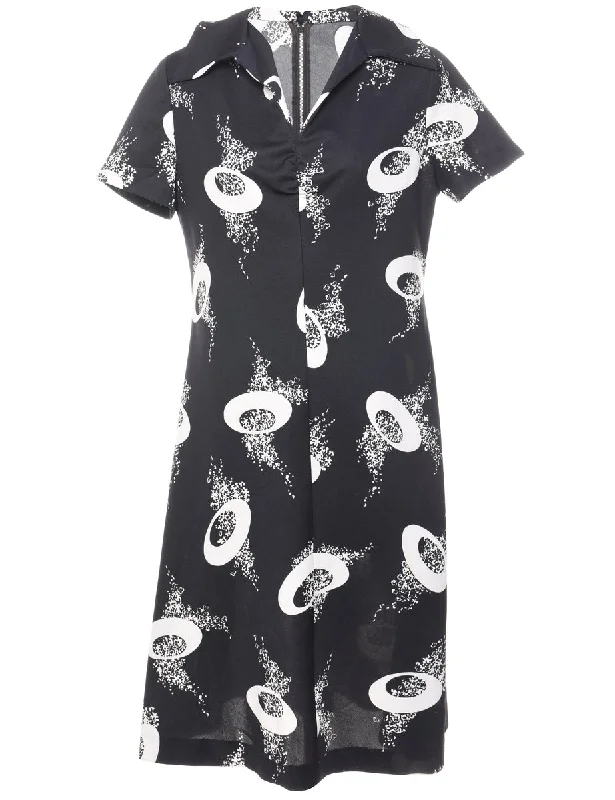 Black & White 1970s Patterned Dress - M Geometric