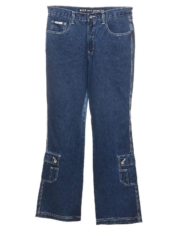 Medium Wash Flared Y2K Cargo Jeans - W32 L31 Unique Women's Upcycled