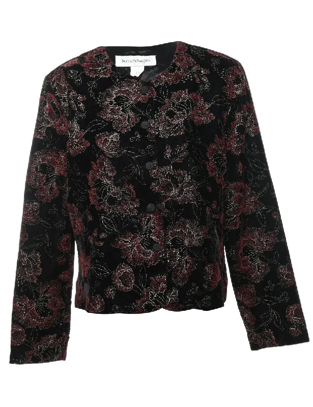 Floral Pattern Black & Silver Sparkly Velvet Evening Jacket - L Luxurious Women's High -  end