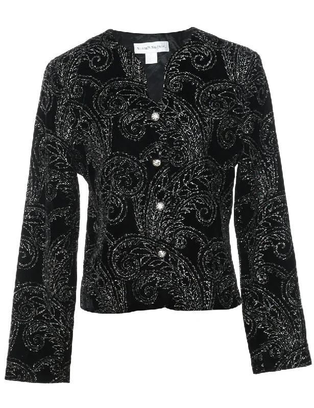 Black & Silver Velvet Sparkly Paisley Evening Jacket - M Traditional Women's 