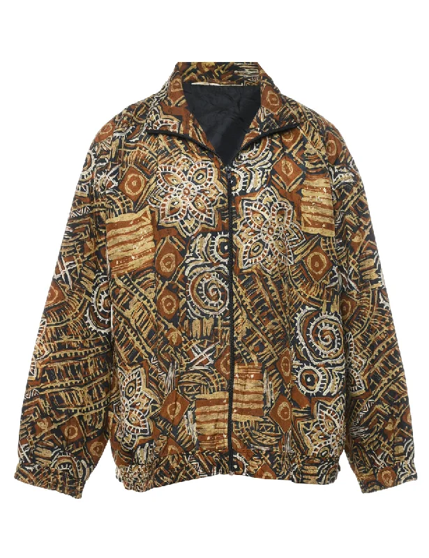Floral Pattern Brown & Beige Casual Nylon Jacket - XL Women