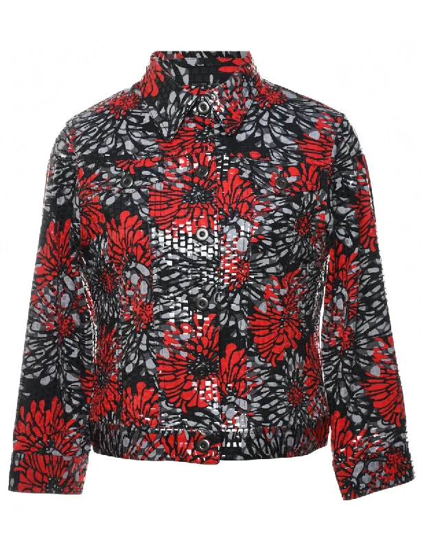 Floral Pattern Grey, Red & White Sparkly Jacket - M Edgy Women's Punk