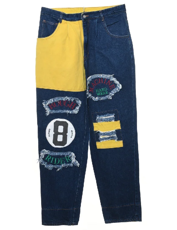 High Waist Tapered Dark Wash Appliqued Jeans - W32 L30 Sleek Women's 